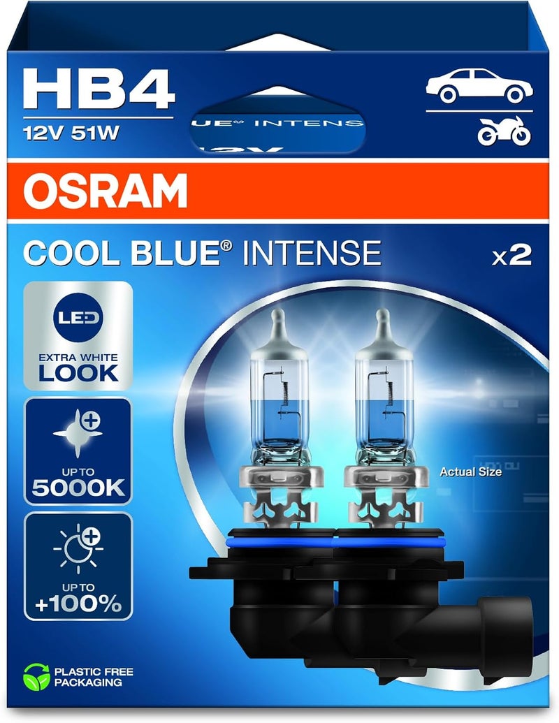 OSRAM COOL BLUE® INTENSE HB4, +100% more brightness, up to 5,000K, halogen headlight lamp, LED look, Hanging folding box (2 lamps) - Image 1